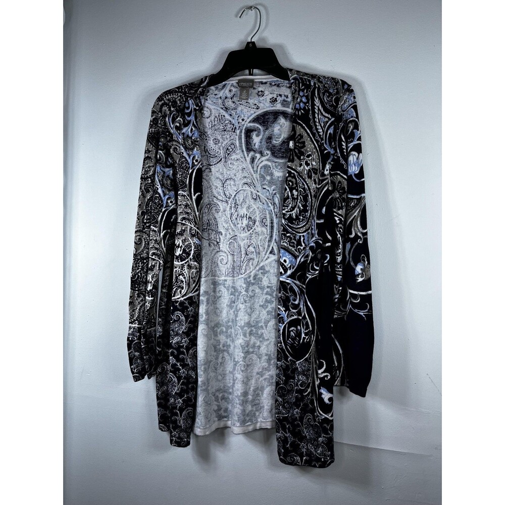 Chico's Sweater Cardigan Womens 2 L Multicolor Paisley Open Front Knit Top